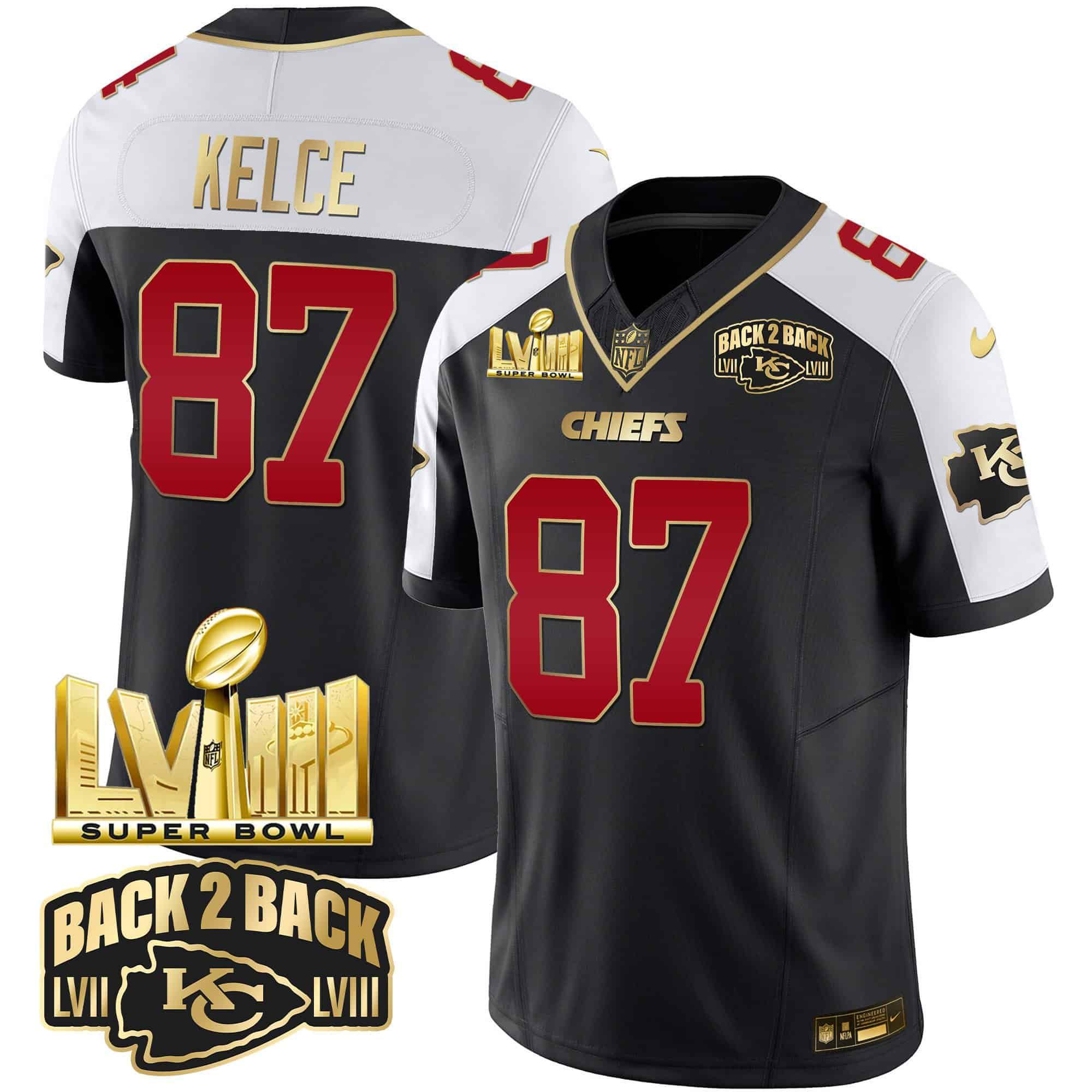 Men Kansas City Chiefs #87 Kelce Black 2024 Nike Super Bowl LVIII & Back-2-Back Gold Patch Vapor NFL Jersey->indianapolis colts->NFL Jersey